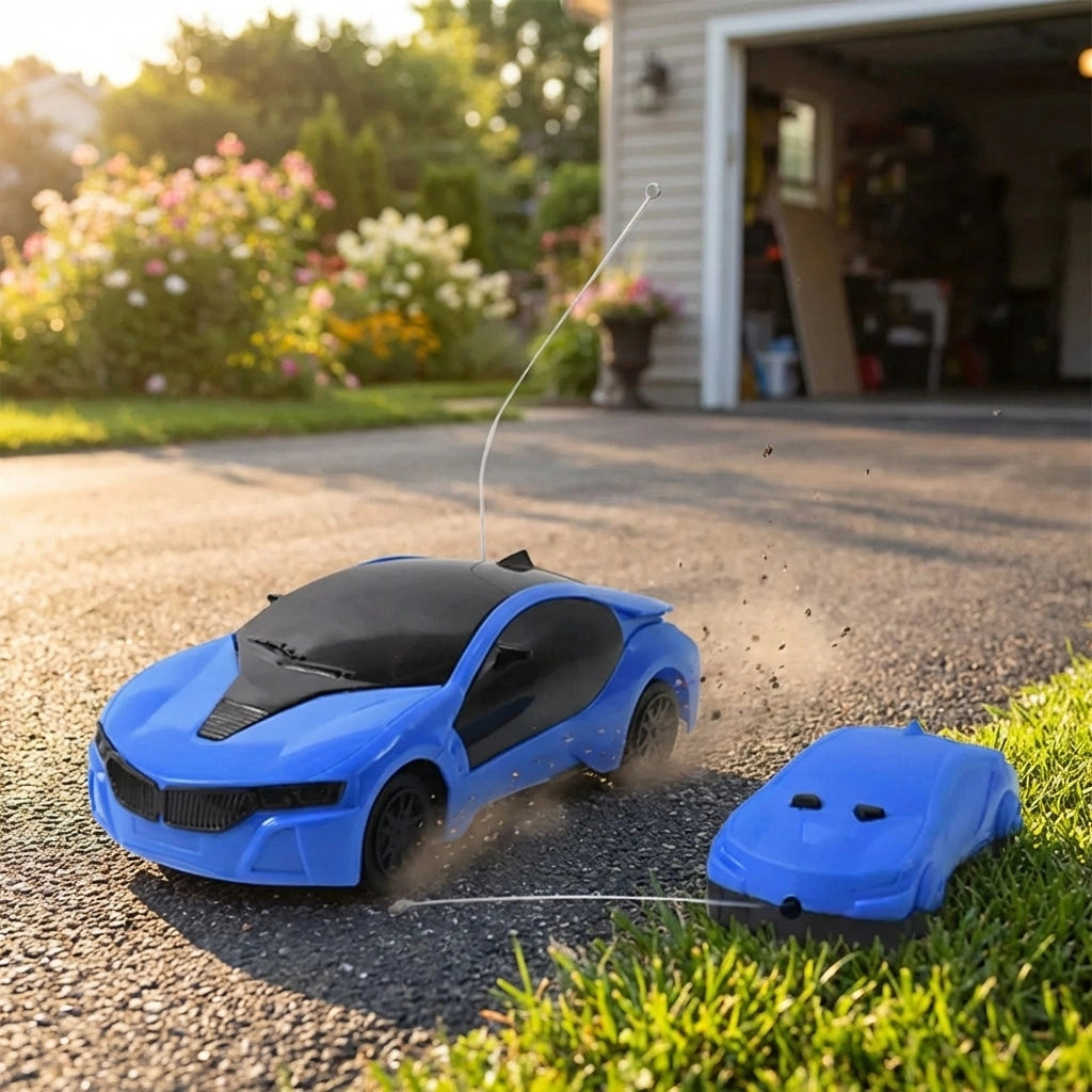 Blue remote control racing car toy with black hood and handheld controller