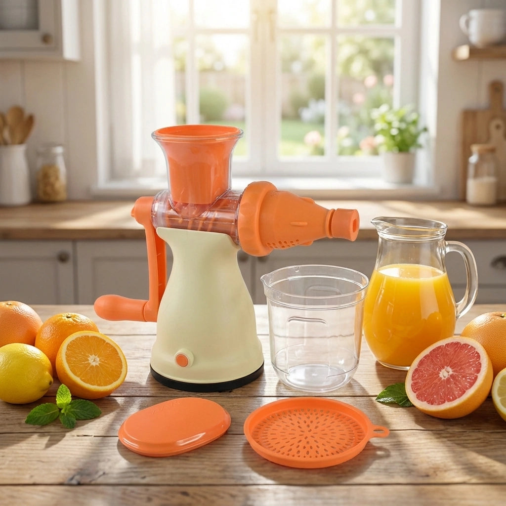 Manual fruit juicer with orange hopper, white base, and included strainer cups