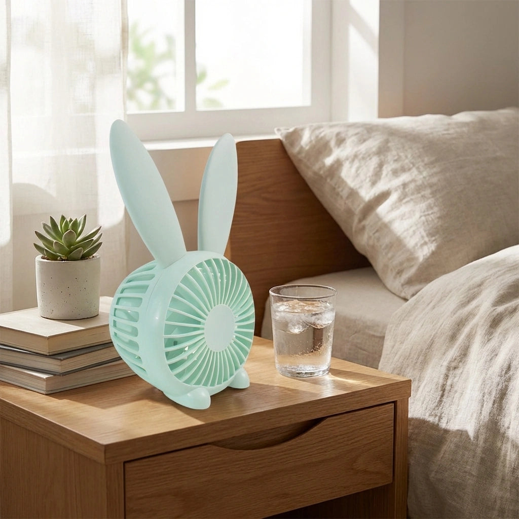 Rabbit-shaped USB desk fan in light blue, with front circular grille.