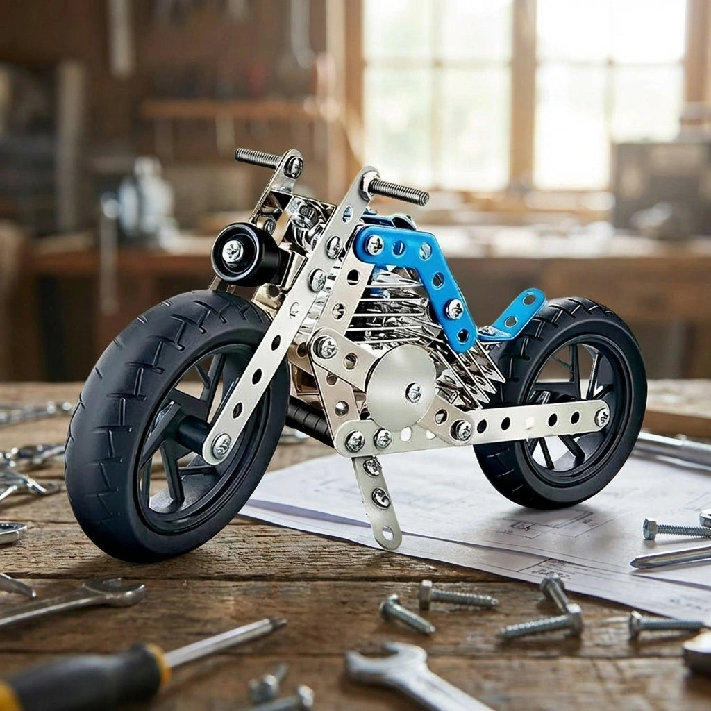Metal cruiser motorcycle construction kit model with blue side panel, exposed frame and wheels