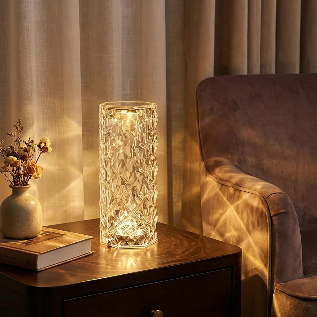 Crystal rose lamp with faceted crystal glass shade, warm glow on tabletop