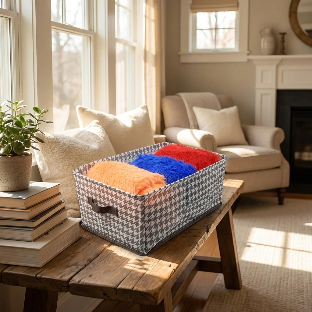Houndstooth fabric storage basket with colorful folded blankets on top