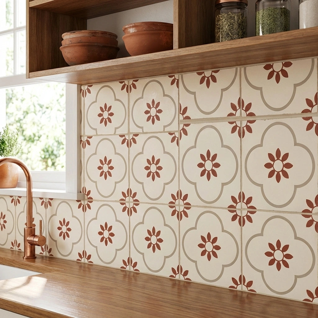 Peel-and-stick tile stickers with cream and brown floral pattern