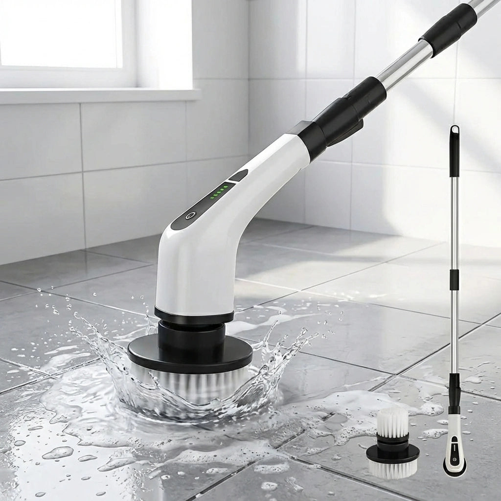 Cordless power scrubber brush with angled handle, rotating cleaning head, spare brush