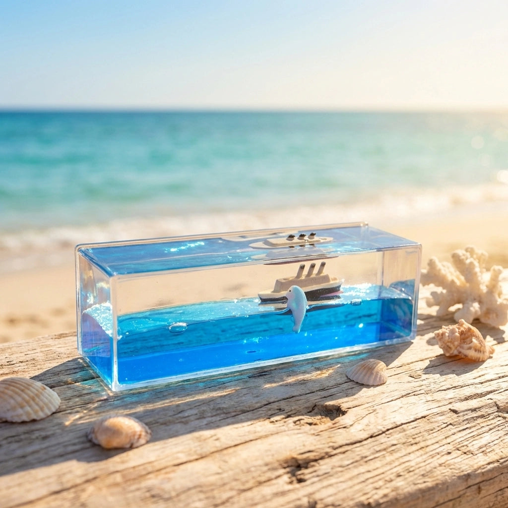 Floating Titanic ship ornament in clear case with blue water and model ship