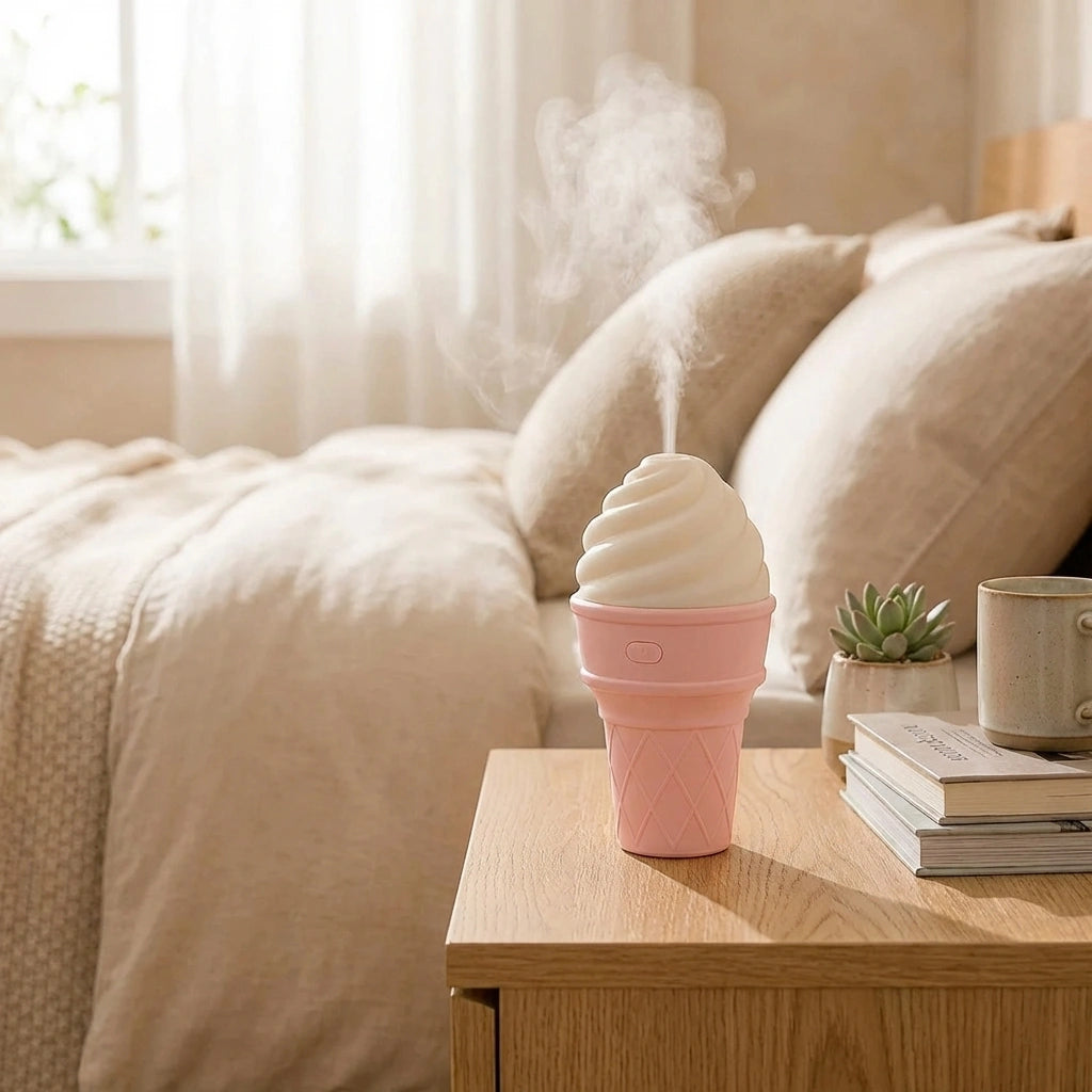 Ice cream cone humidifier, pink plastic cone with mist nozzle on tabletop