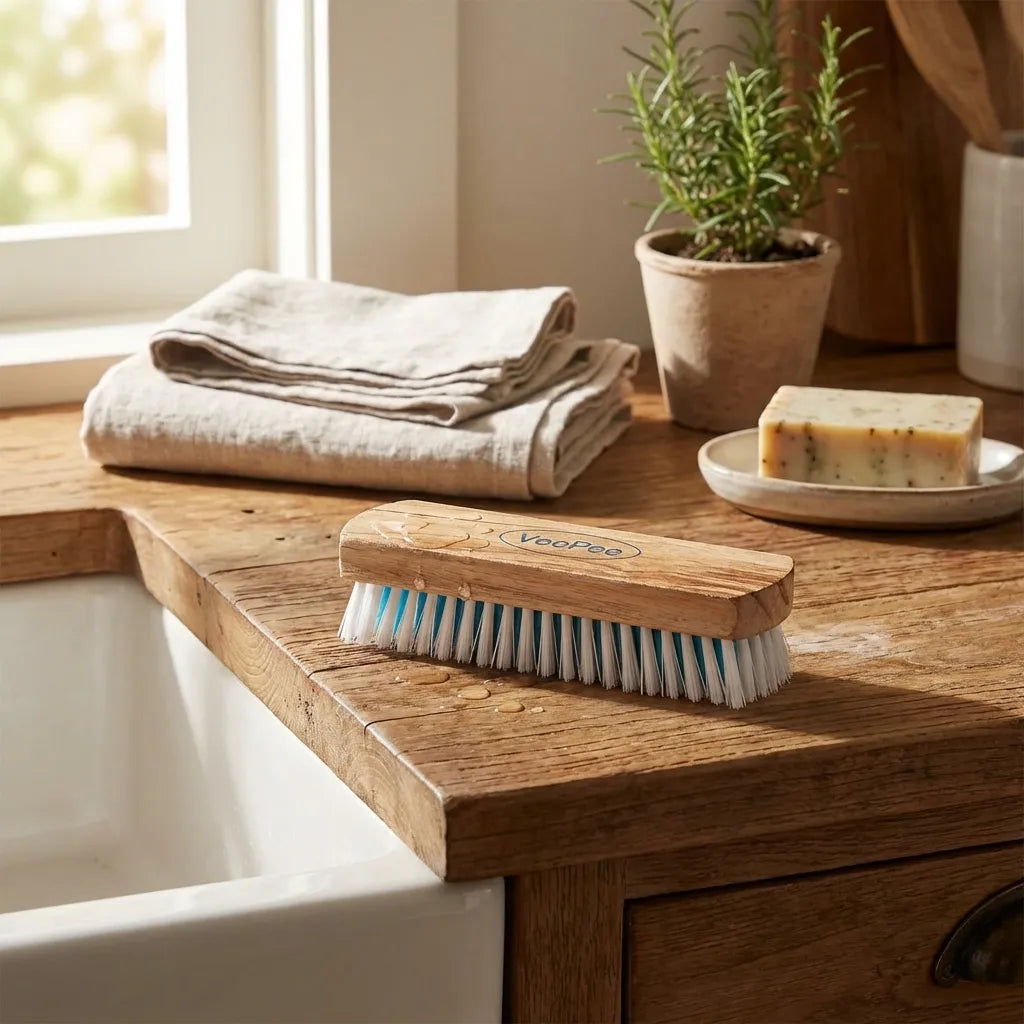 Wood-handled scrub brush with stiff bristles