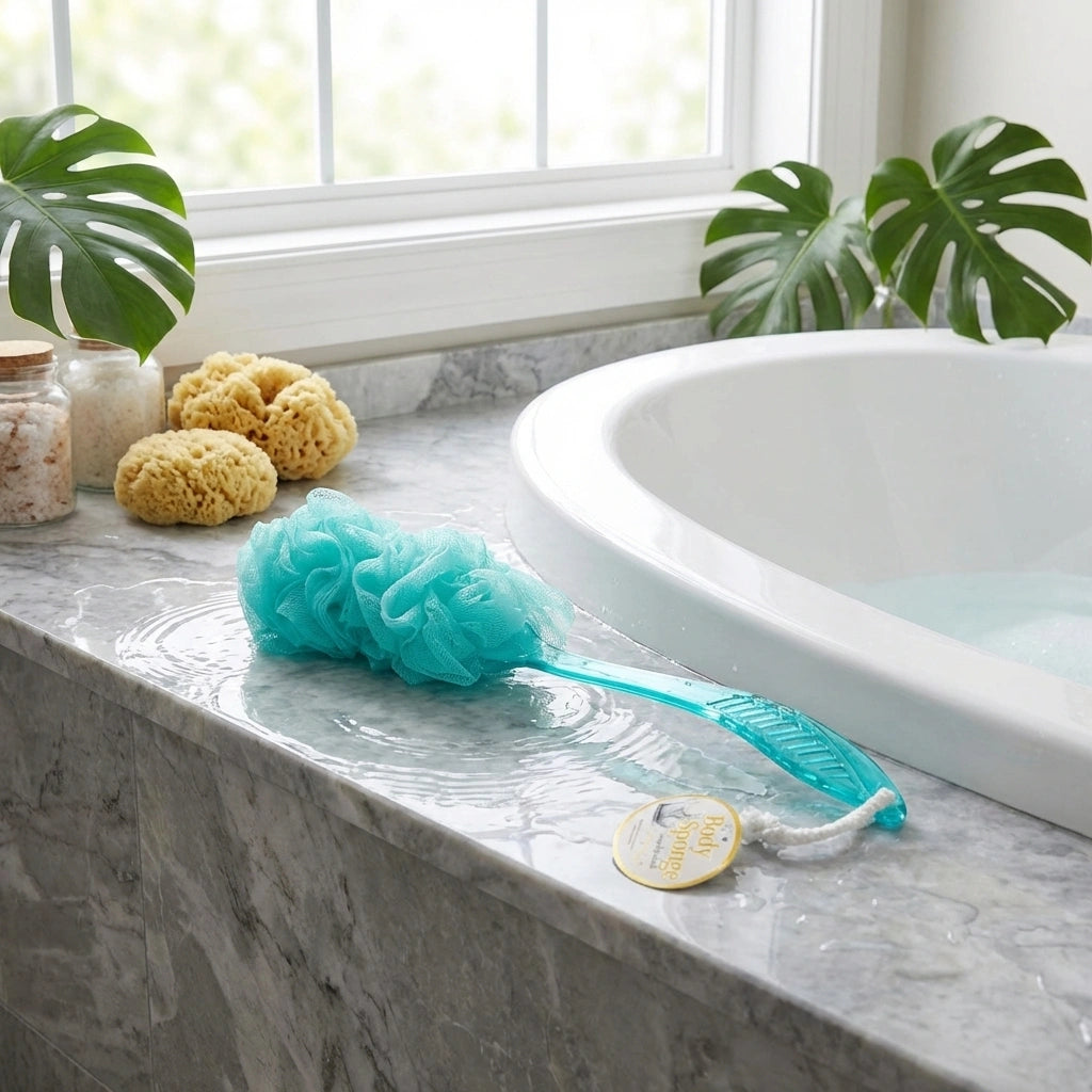 Long-handle bath sponge with turquoise loofah-style scrub head and handle