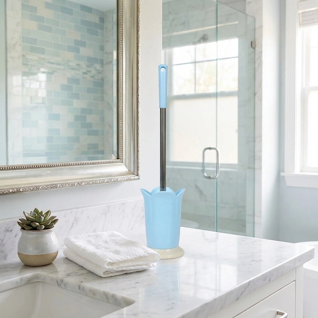 Odor-free toilet brush set with light blue brush and holder