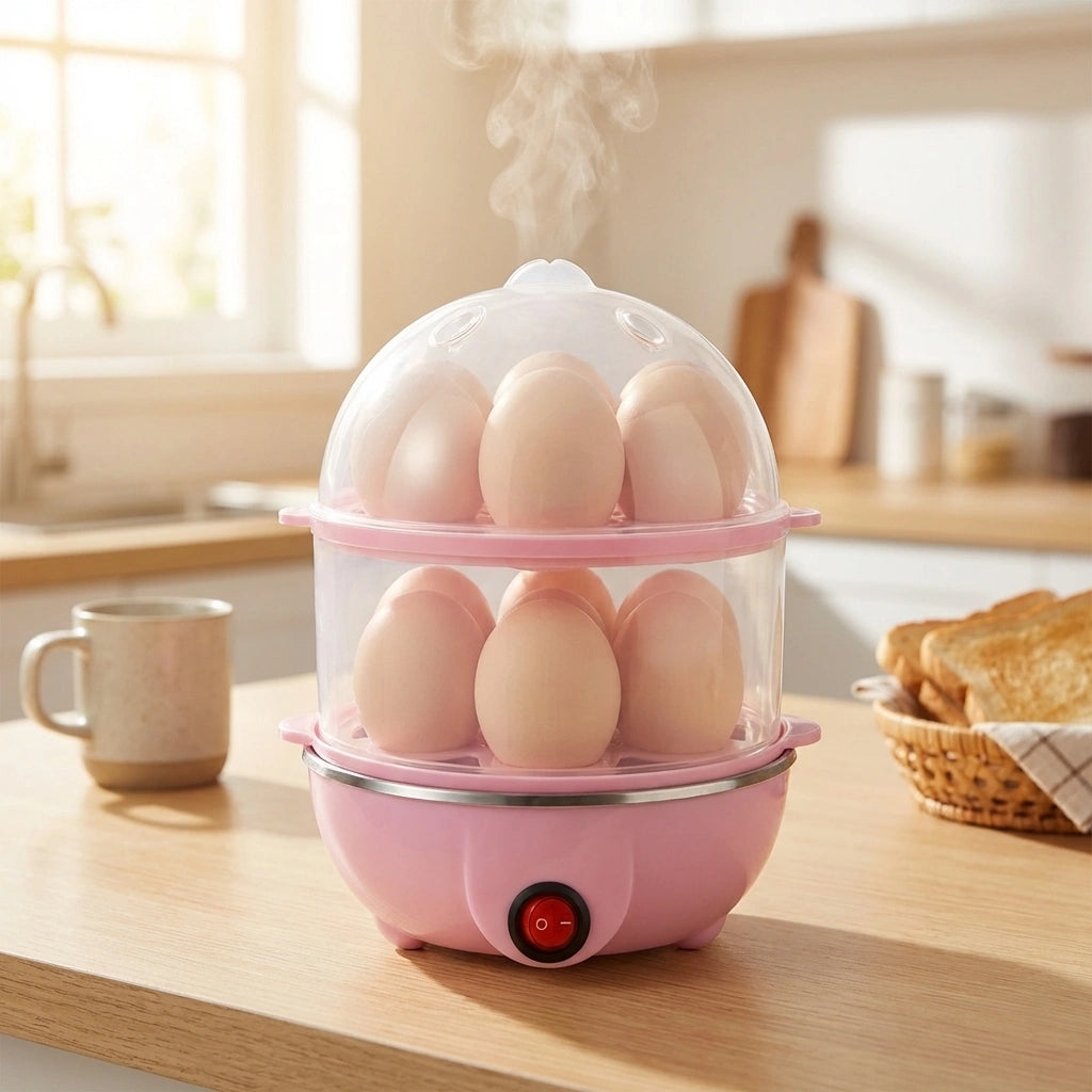 Pink electric egg cooker with clear dome and six eggs on base
