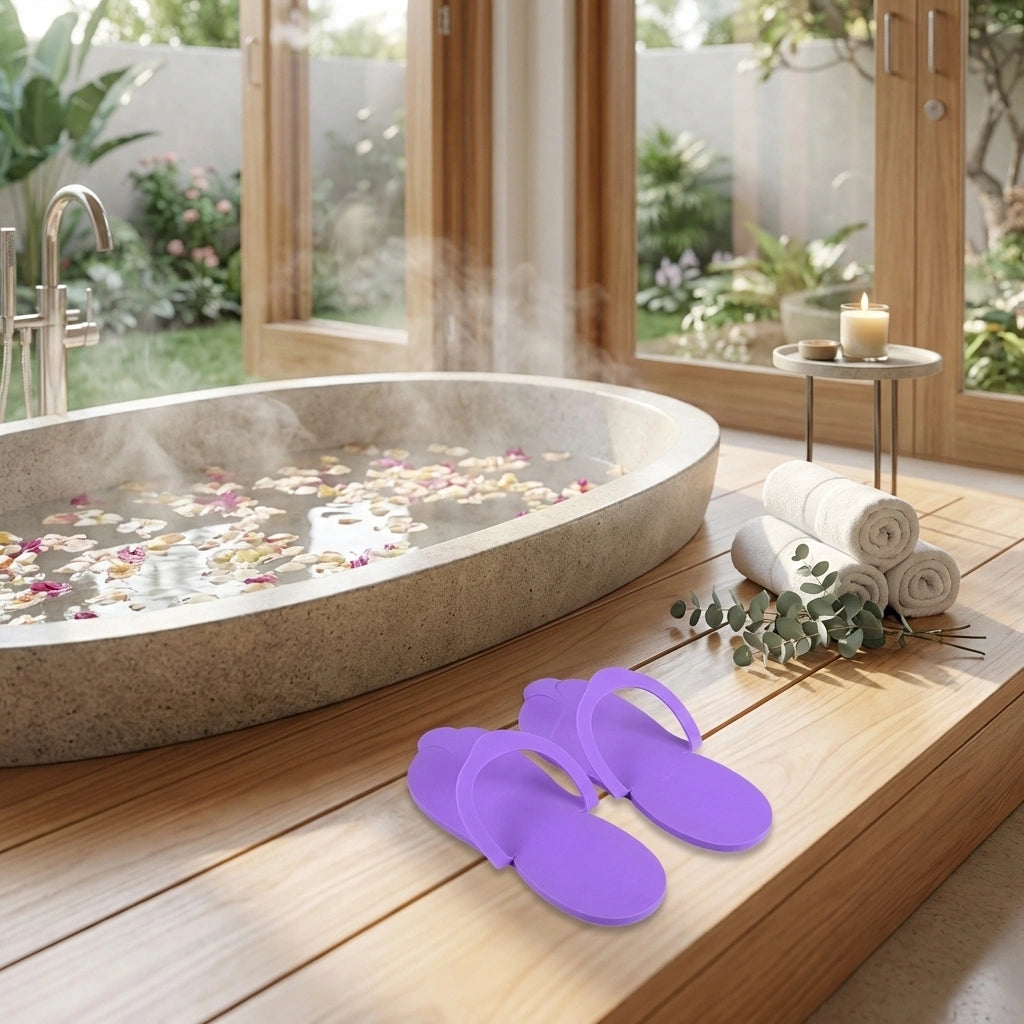 Purple flip-flops and rolled towels with foot spa bowl and flower petals