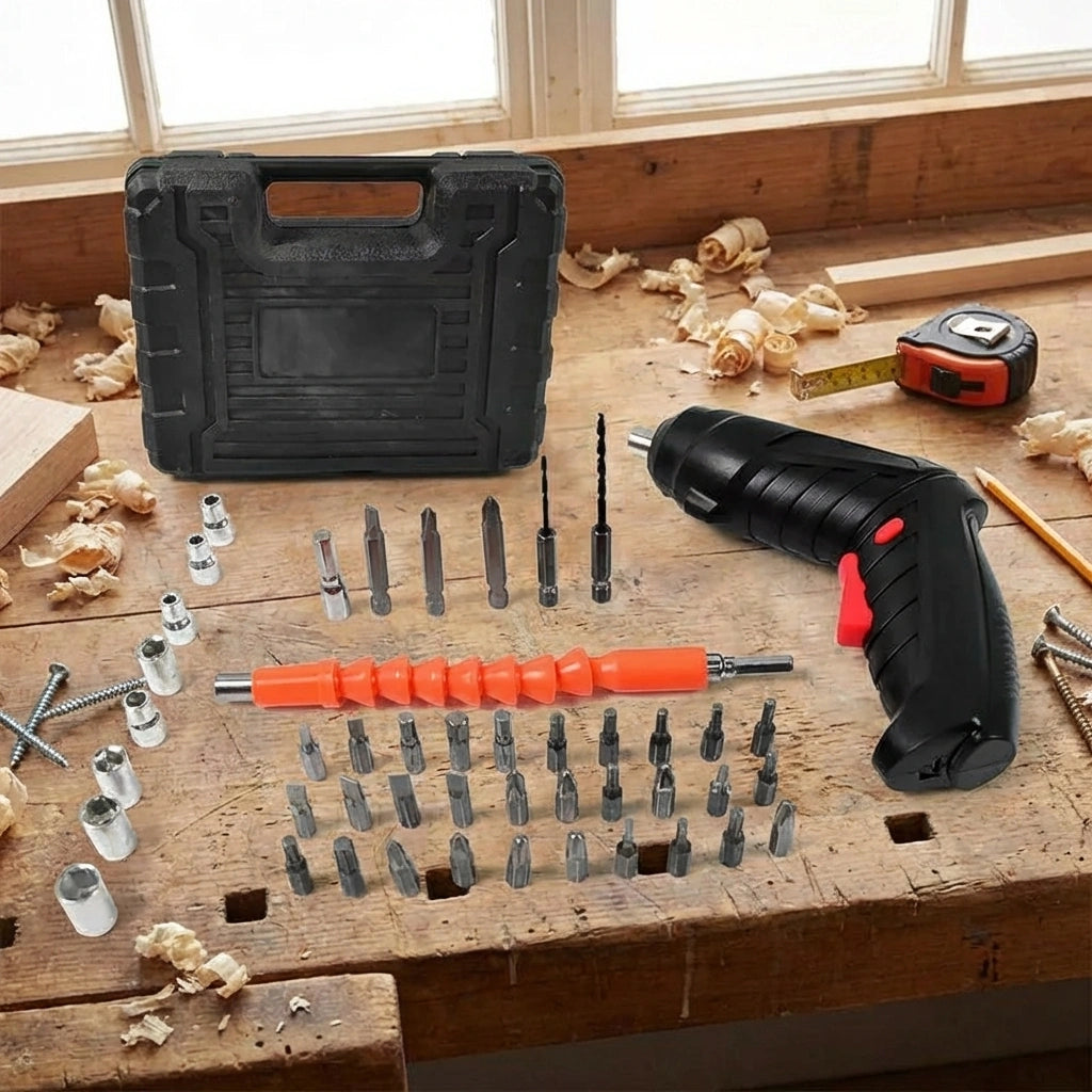 Screwdriver bit set with black storage case, assorted metal bits, and drill driver