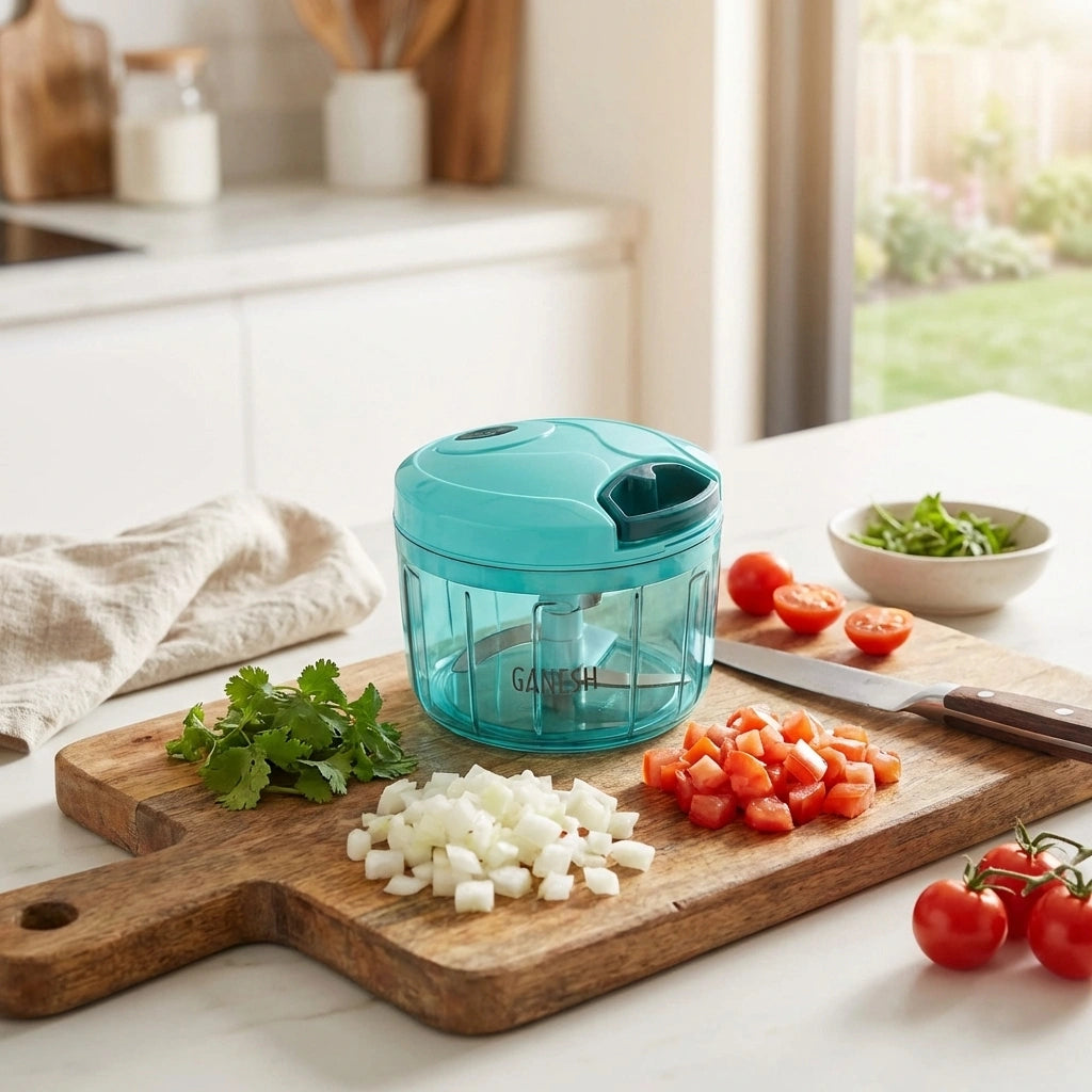 Teal manual quick pull chopper with clear bowl and lid for chopping vegetables