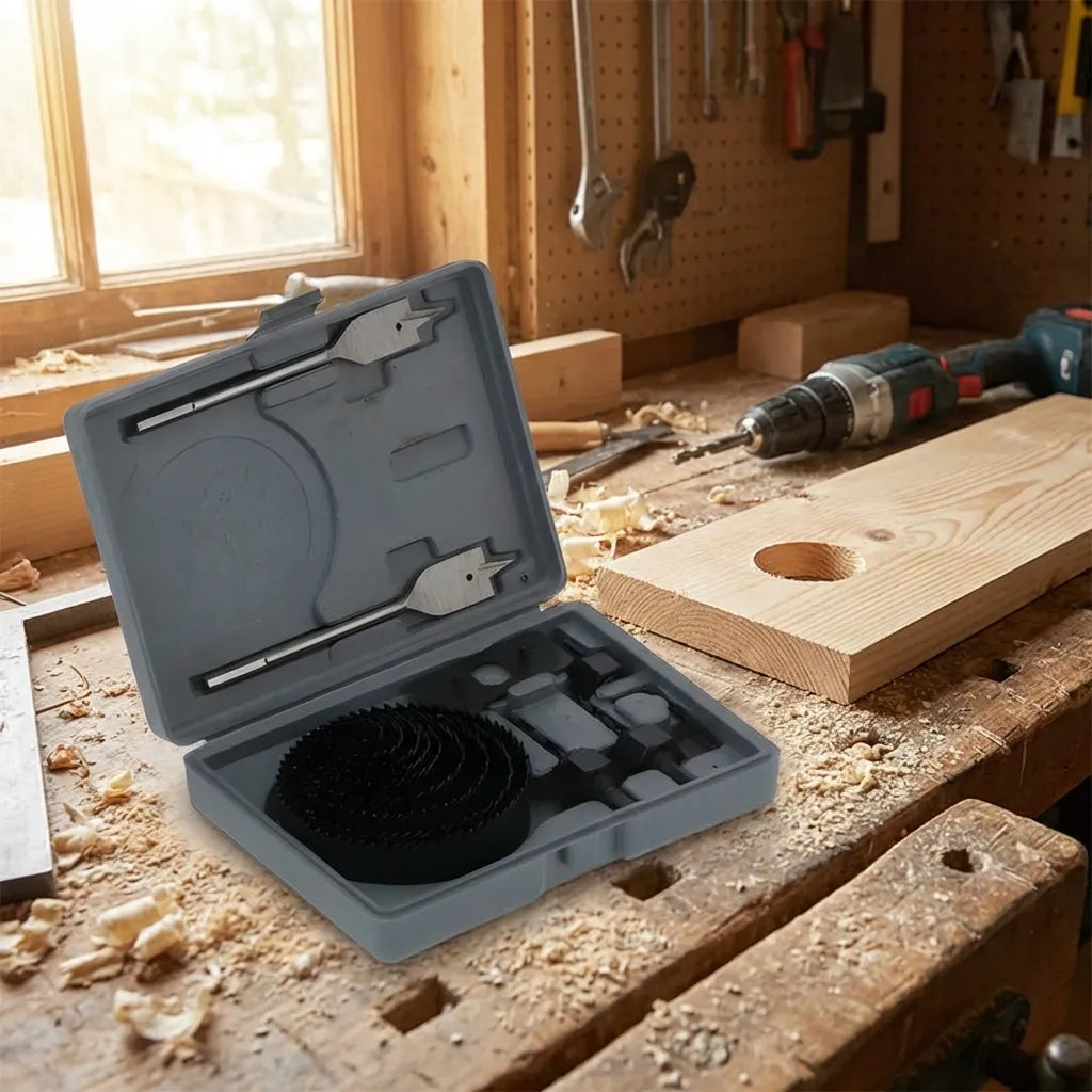 Hole saw kit in blue case with assorted circular hole saw blades