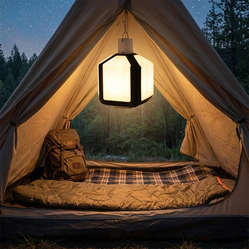 Hanging camping lantern light with warm glow and black metal frame in a tent