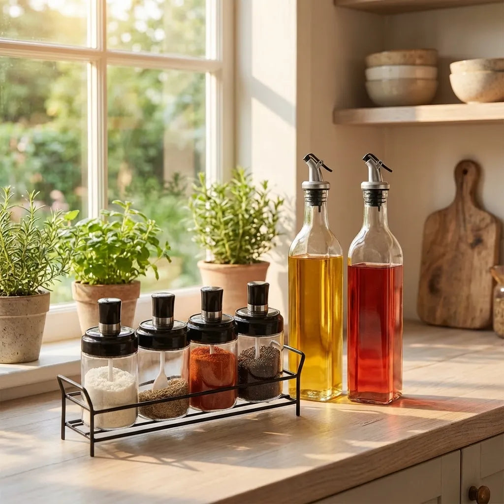 Glass oil dispenser and spice jar set with two pour bottles and spice jars on metal rack