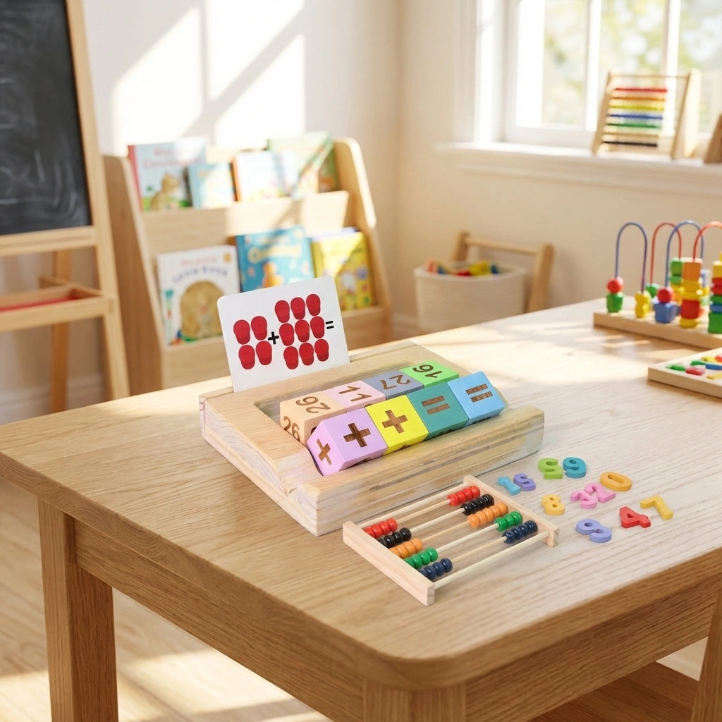 Wooden math flash card game with number tiles, colorful blocks, and bead counters