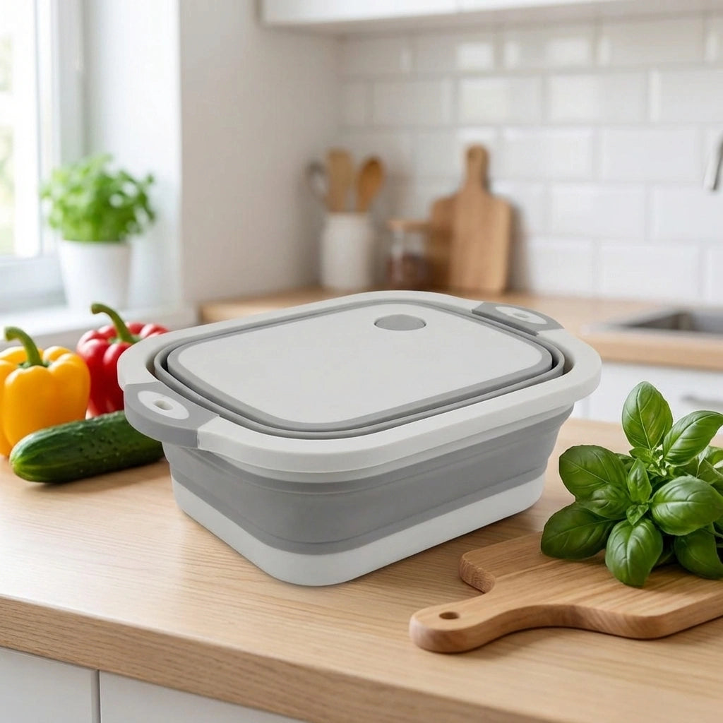 Collapsible cutting board basket with gray lid and foldable sides