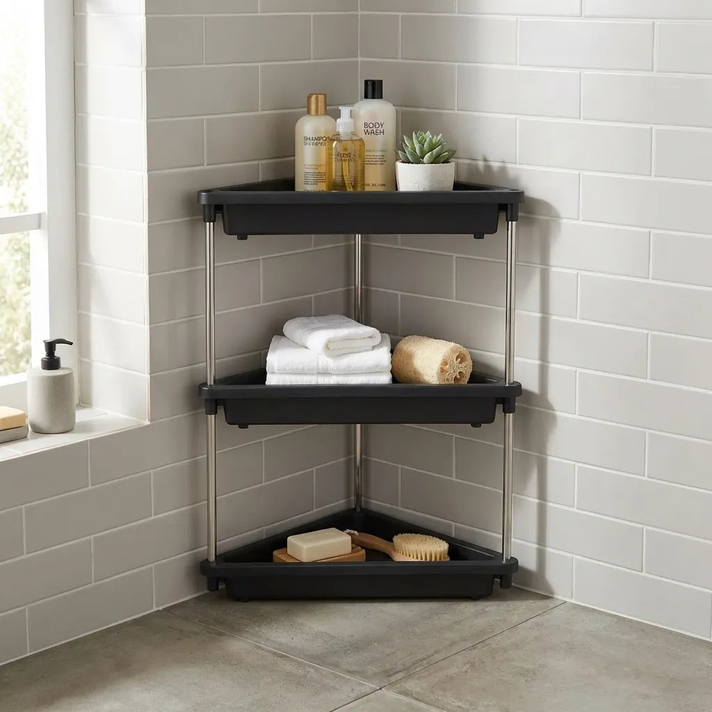 Corner storage shelf rack with three black shelves and metal frame