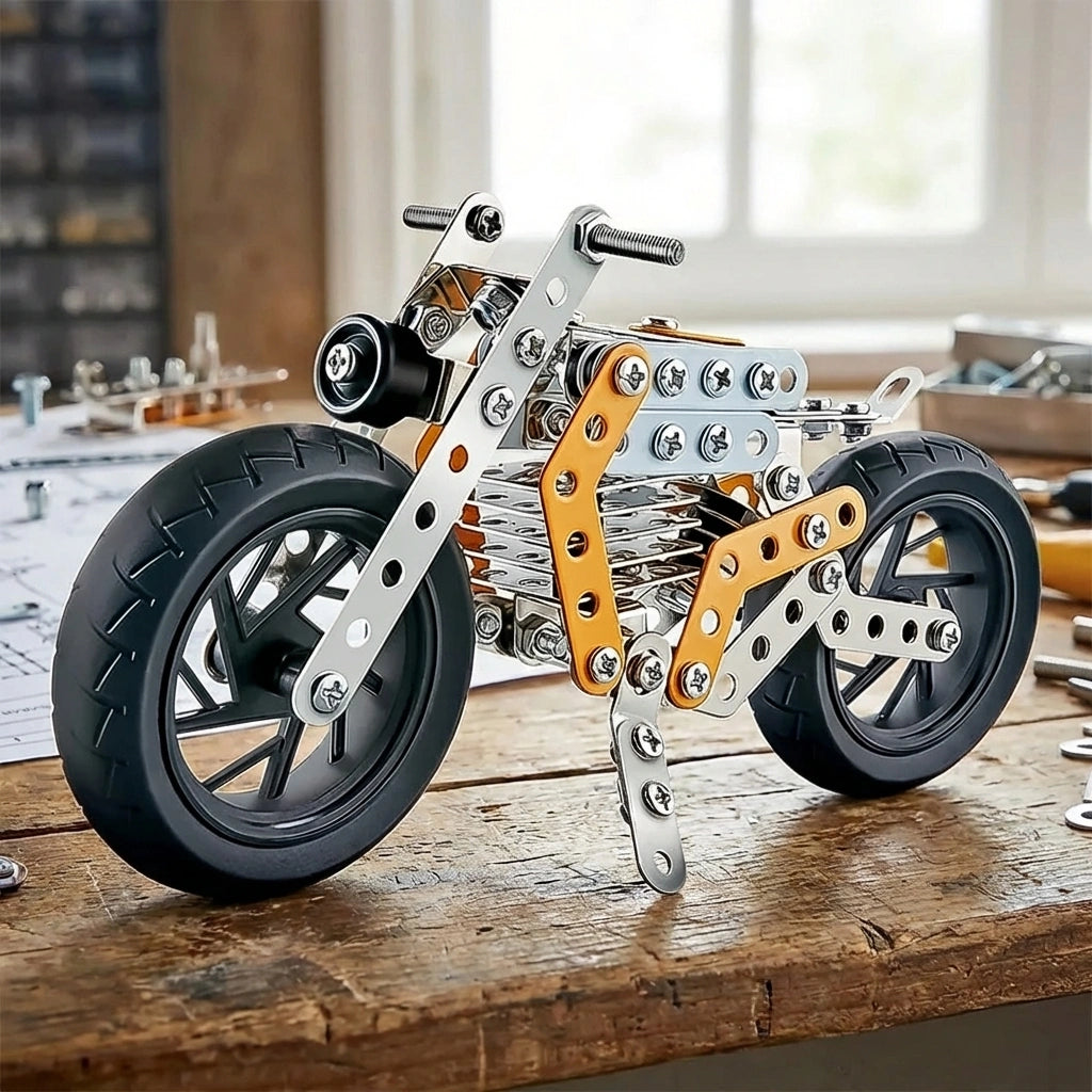Metal DIY bike construction kit model with black wheels and silver frame parts