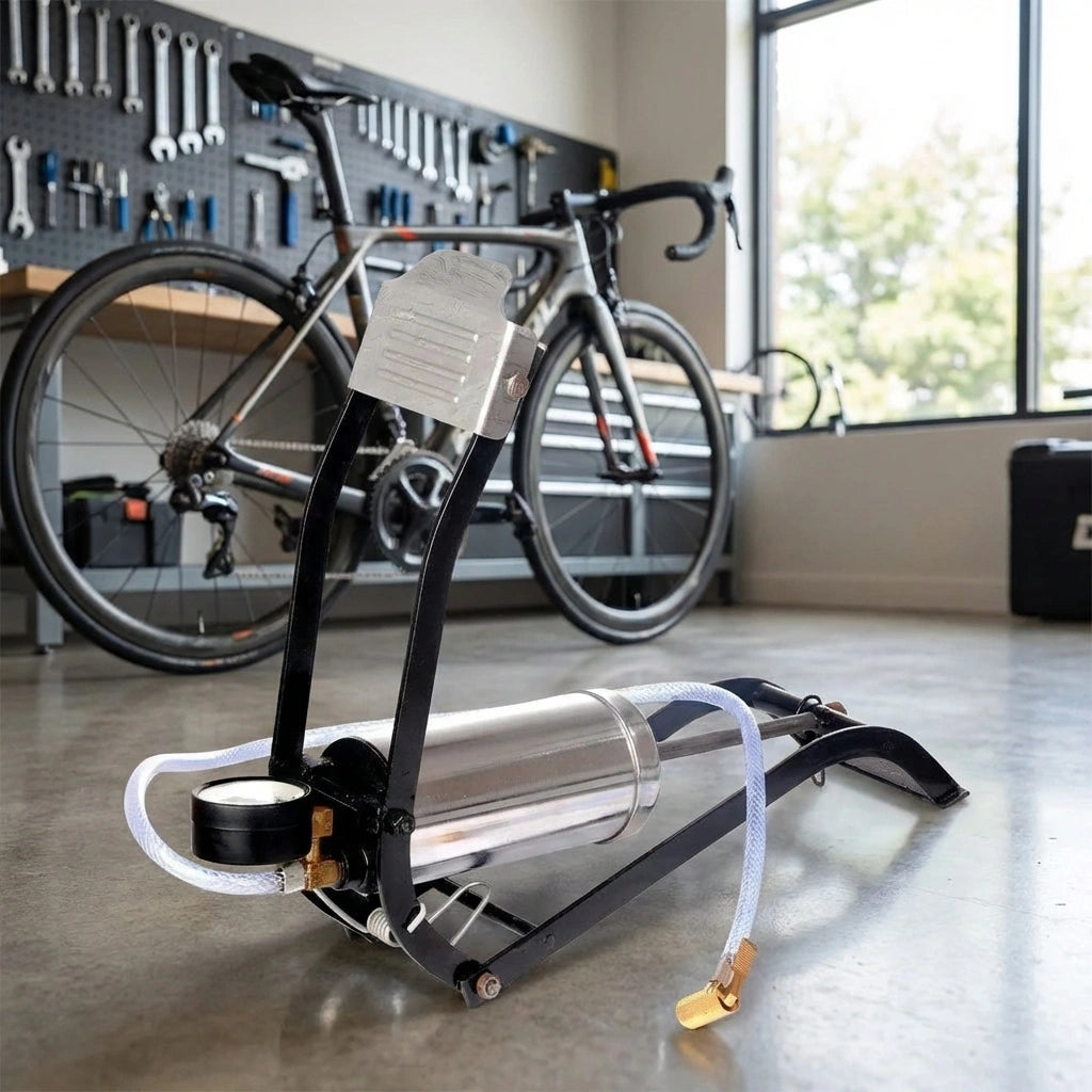 Bicycle floor air pump with foot pedal, hose, and black gauge