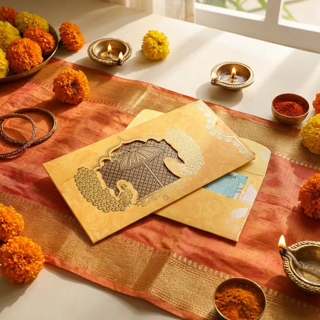 Wedding gift envelopes set of 10, gold with ornate elephant motif on front