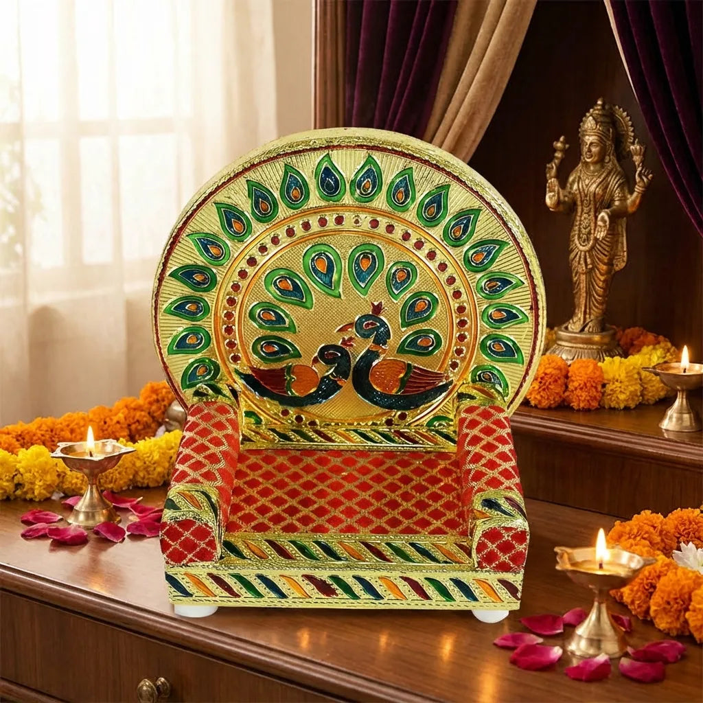 Meenakari work peacock design pooja mandir singhasan cushion with brass accents