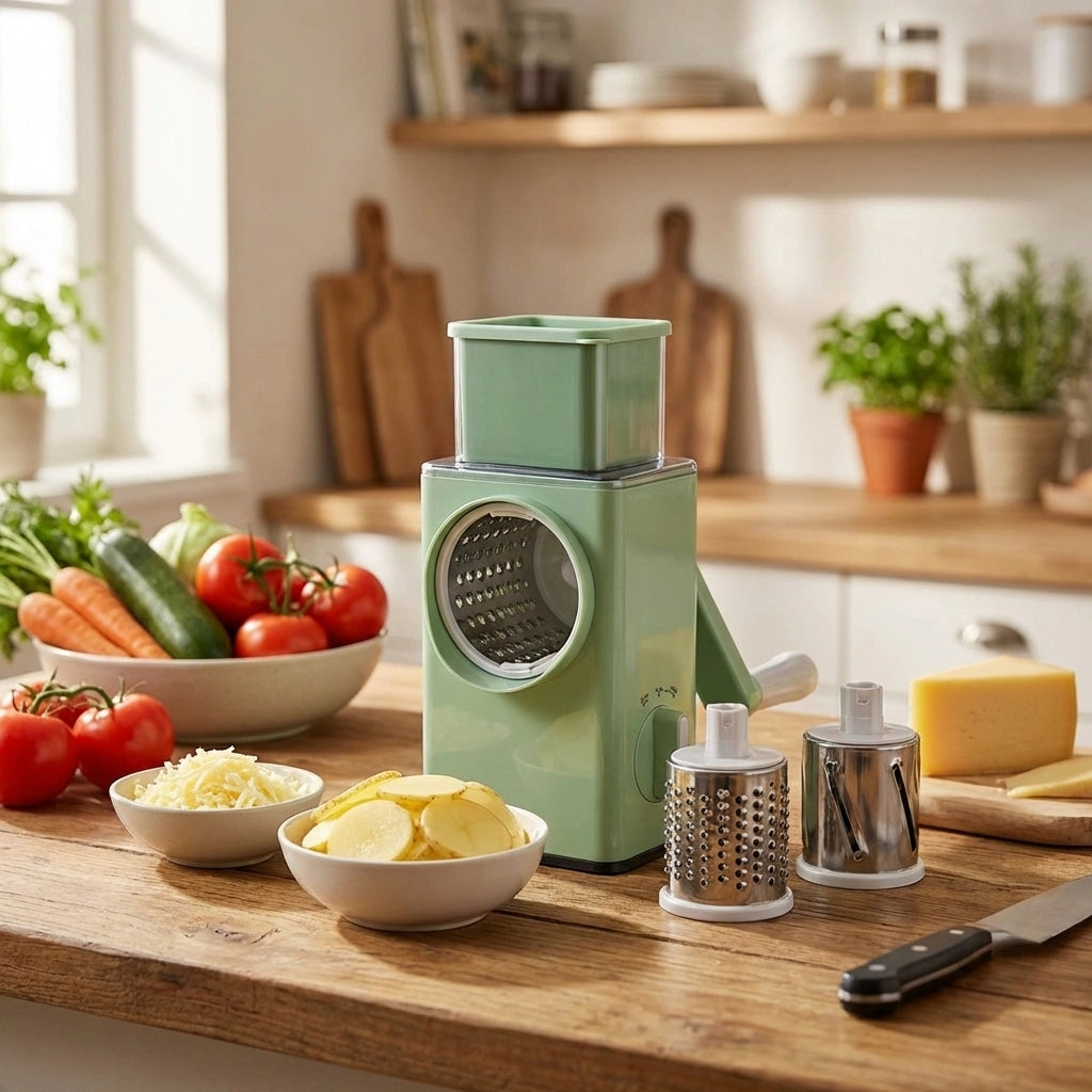 Mint vegetable chopper with slicing grater discs and food chamber, 6-blade design