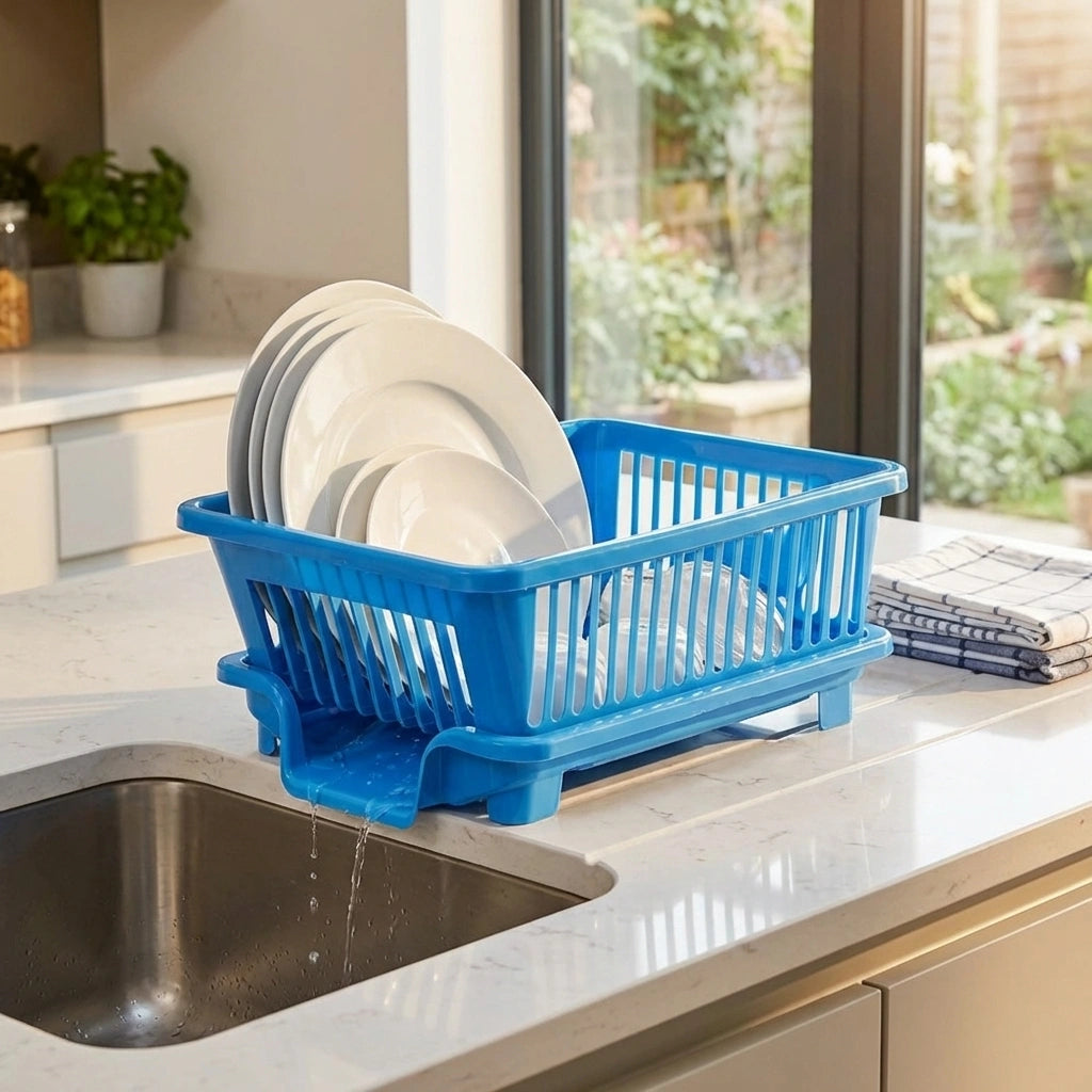 Blue plastic dish drying rack with raised plate holder for draining