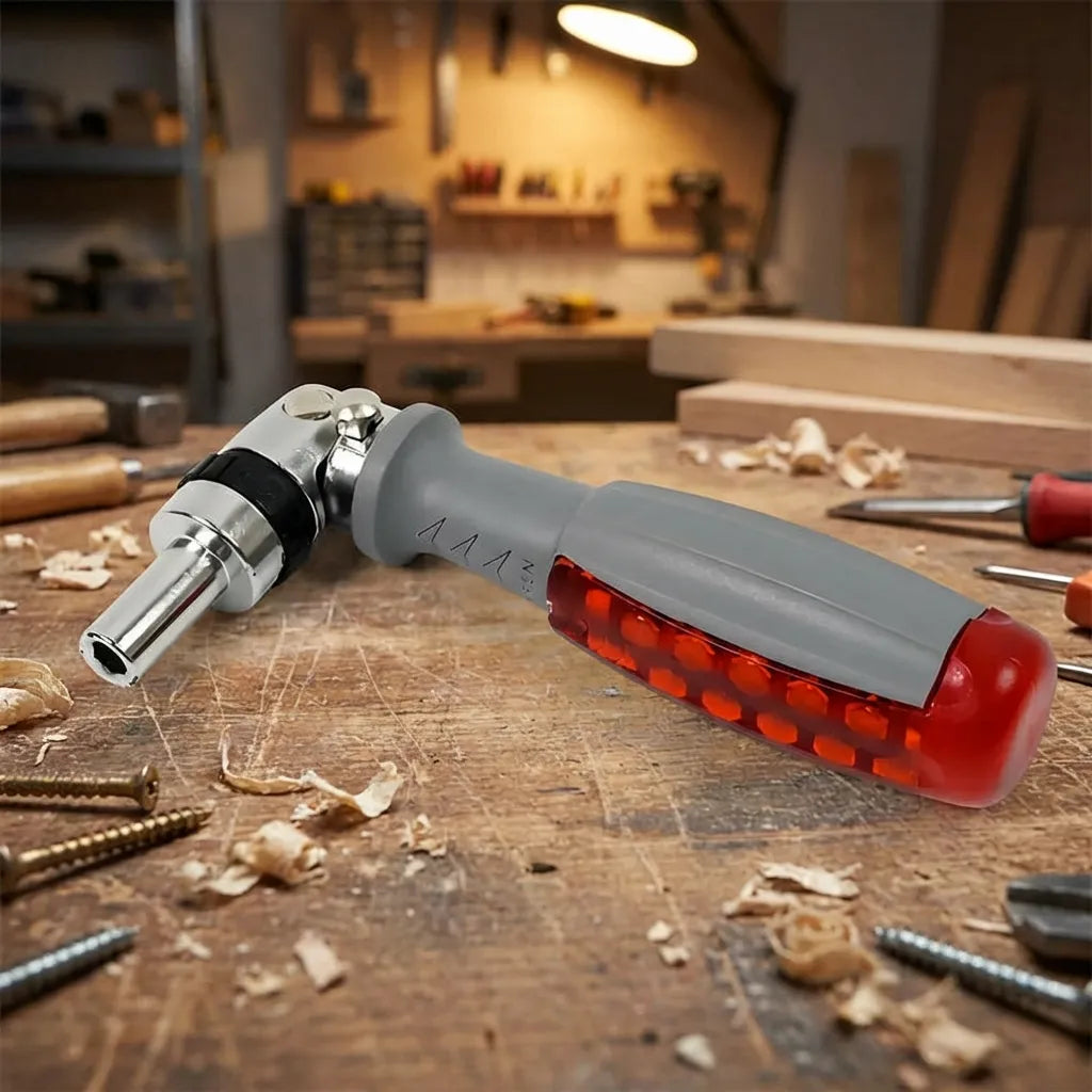 Ratcheting screwdriver with red ergonomic handle and gray ratcheting head