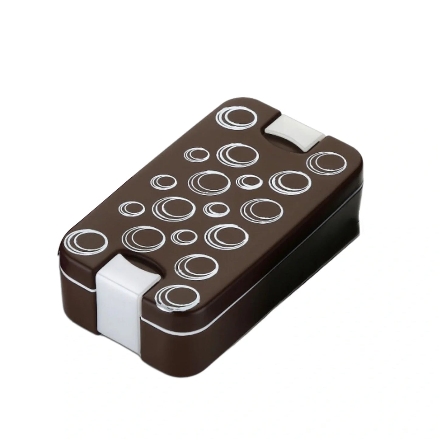 2-compartment airtight lunch box, dark brown with white circle pattern and snap latches