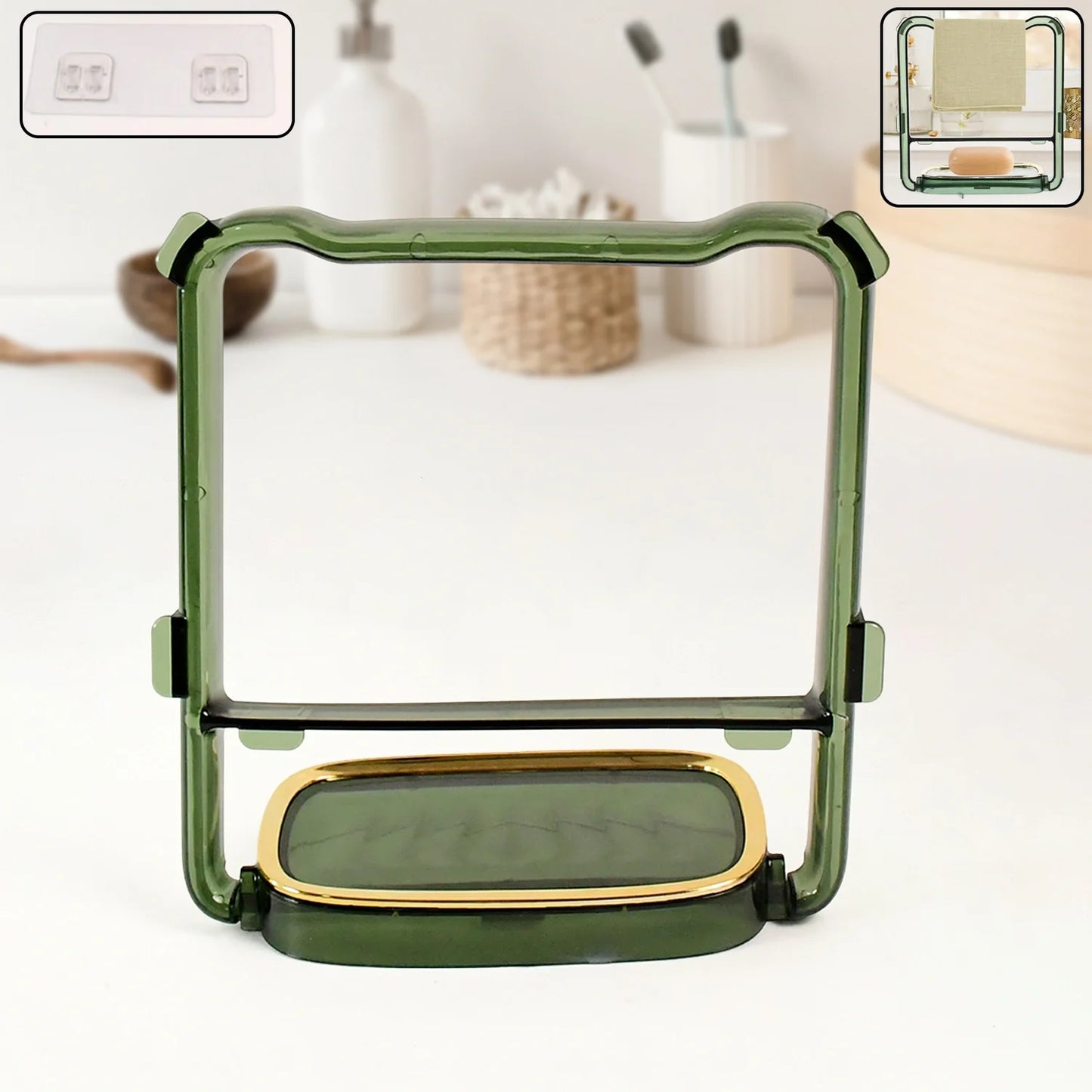 Green 2-in-1 adhesive towel and soap holder with clear window and soap tray