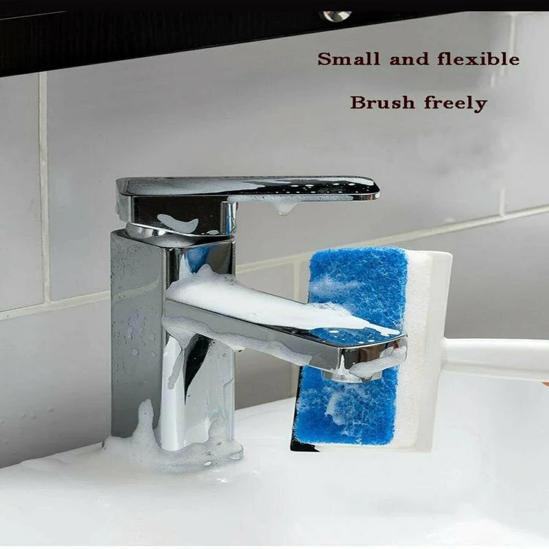 2-in-1 cleaning brush with blue scrubbing pad and white stand