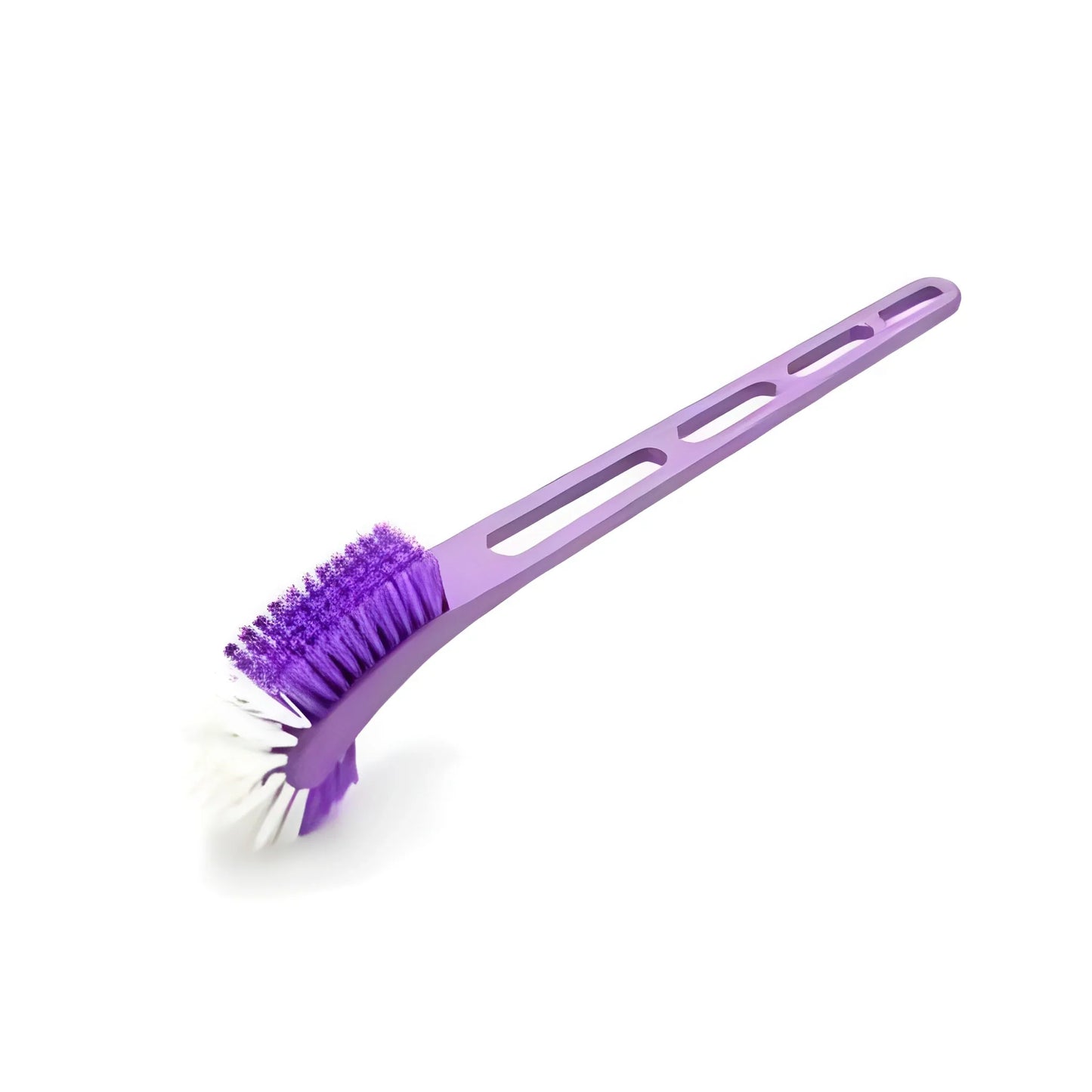 Purple toilet brush with dual bristle heads on hockey-stick handle
