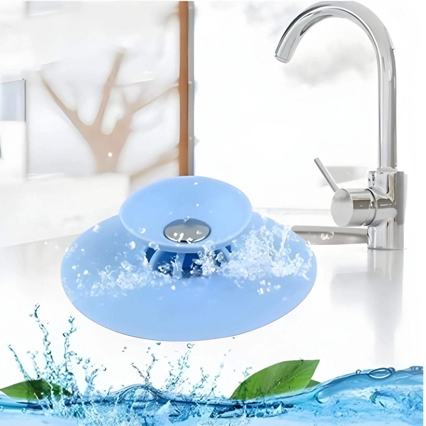 Blue 2-in-1 drain stopper catcher with mesh center, sits over sink drain.
