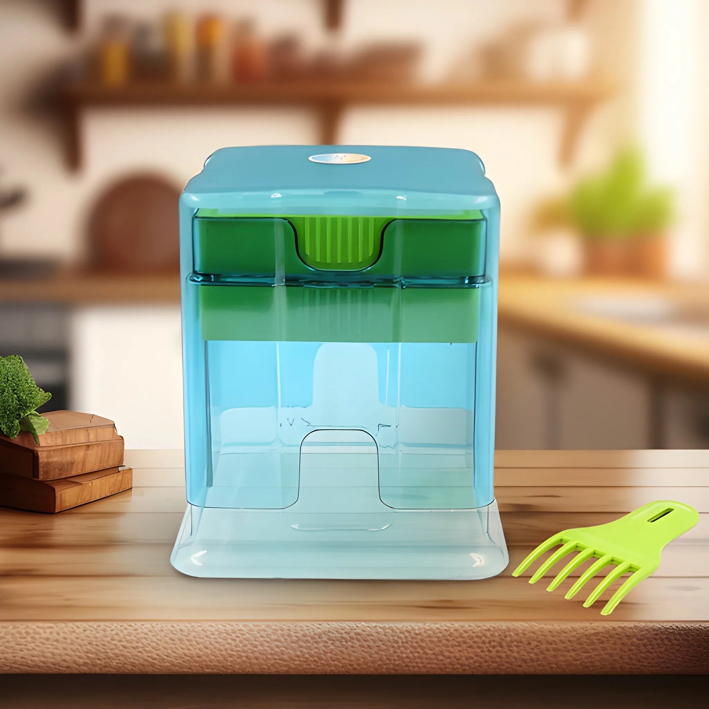 2-in-1 French fry cutter with green comb blade and transparent container body
