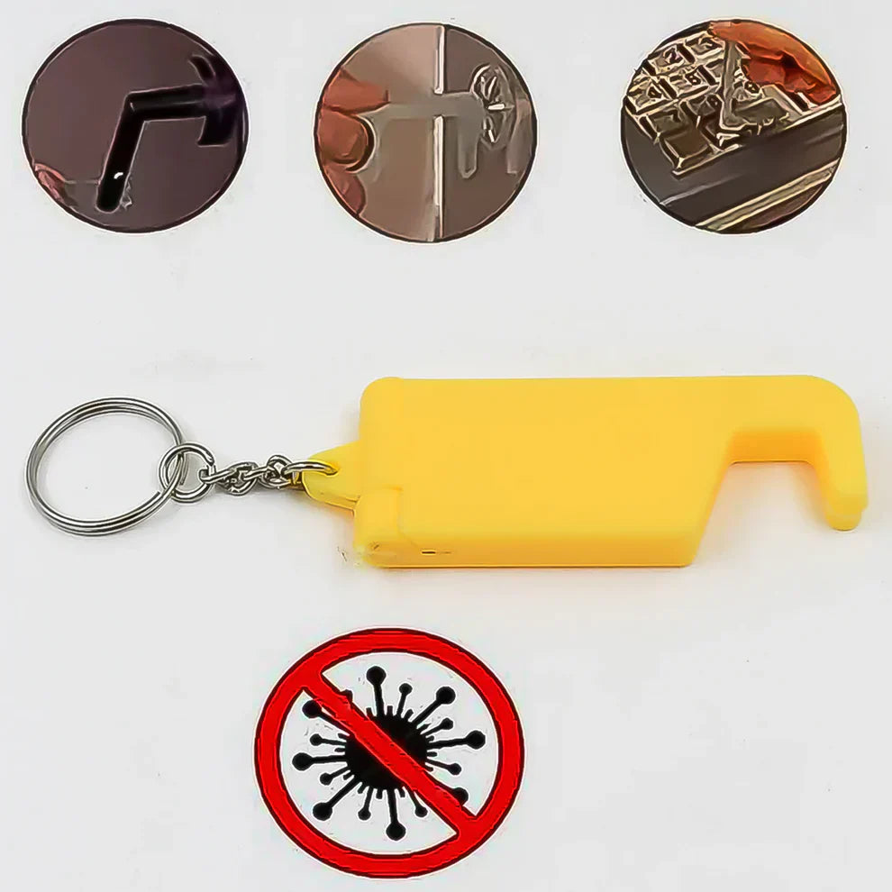 Yellow keychain phone stand with fold-out support and metal keyring