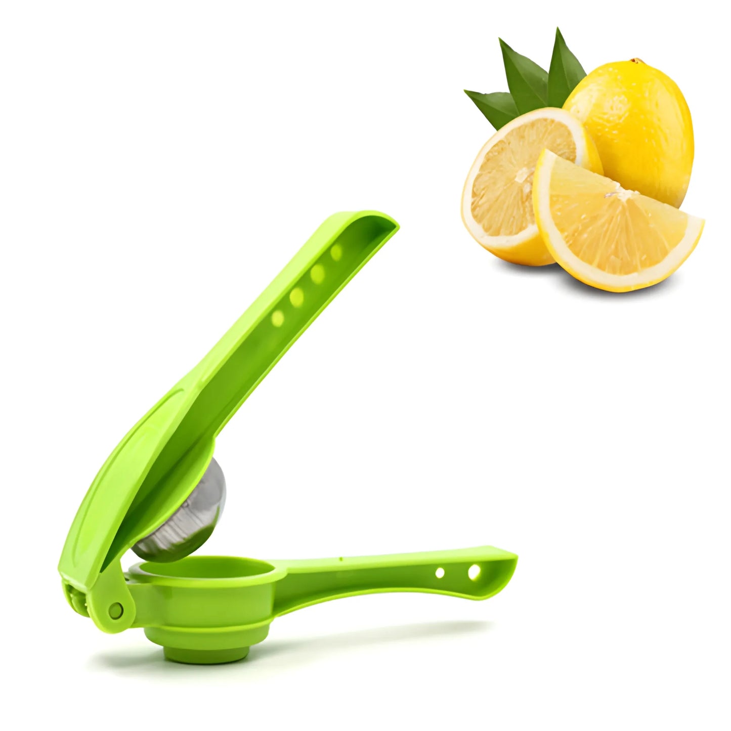 Green manual lemon squeezer with ridged pressing lever and strainer basket