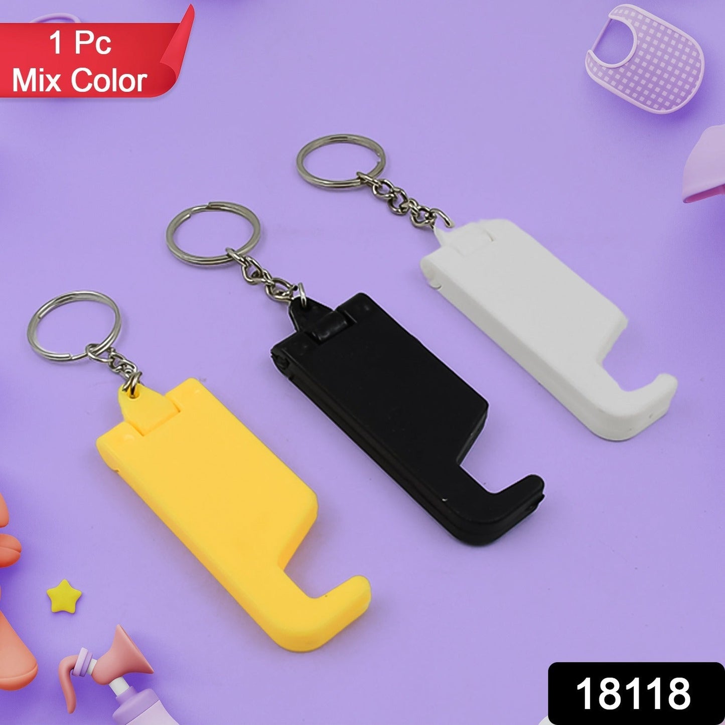 Keychain phone stand with metal ring and chain, molded holders in yellow, black, white