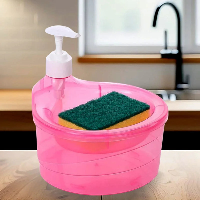Pink 2-in-1 soap dispenser with pump and built-in sponge caddy