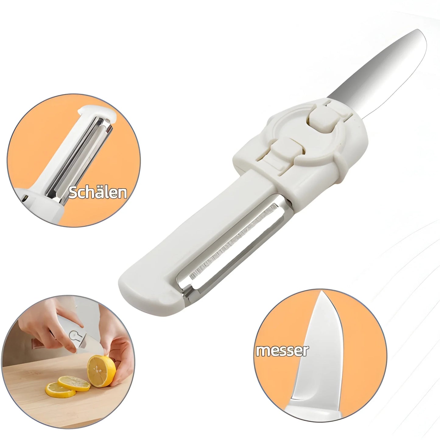 2-in-1 travel peeler knife with white handle and metal blade