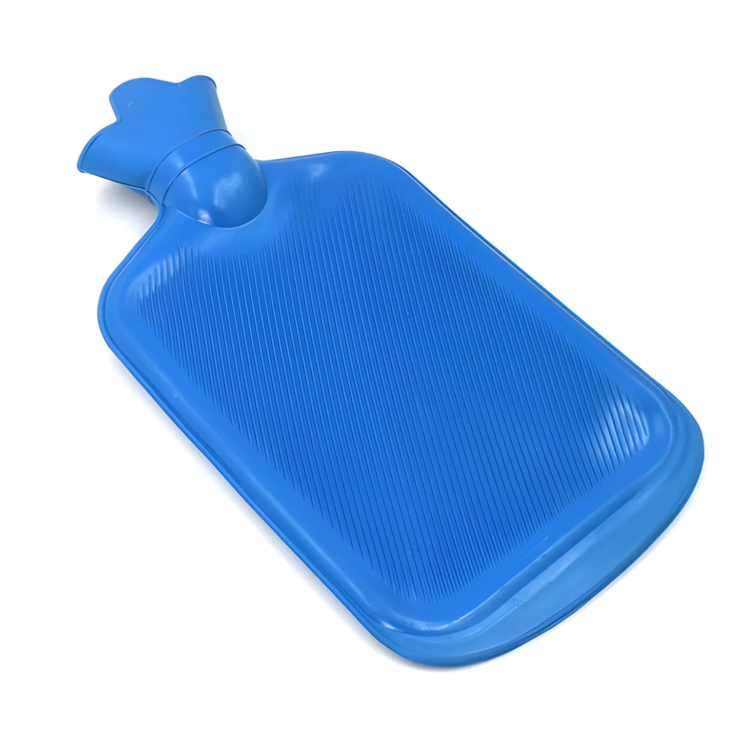 Blue ribbed hot water bag with cap, leak-proof design