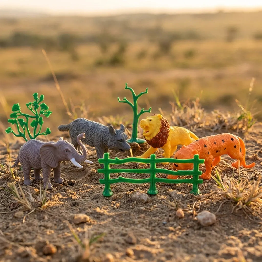 Kids wild animal figurine set with green fence and four animal figures