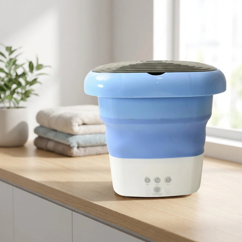 Mini portable washing machine, blue and white with top lid and control panel