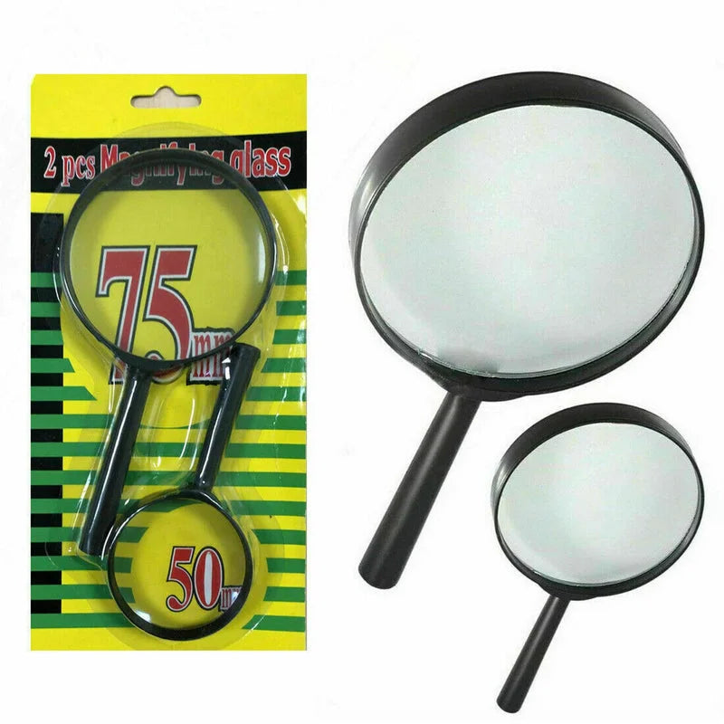 Magnifying glass set with two black-handled round lenses, one large and one small