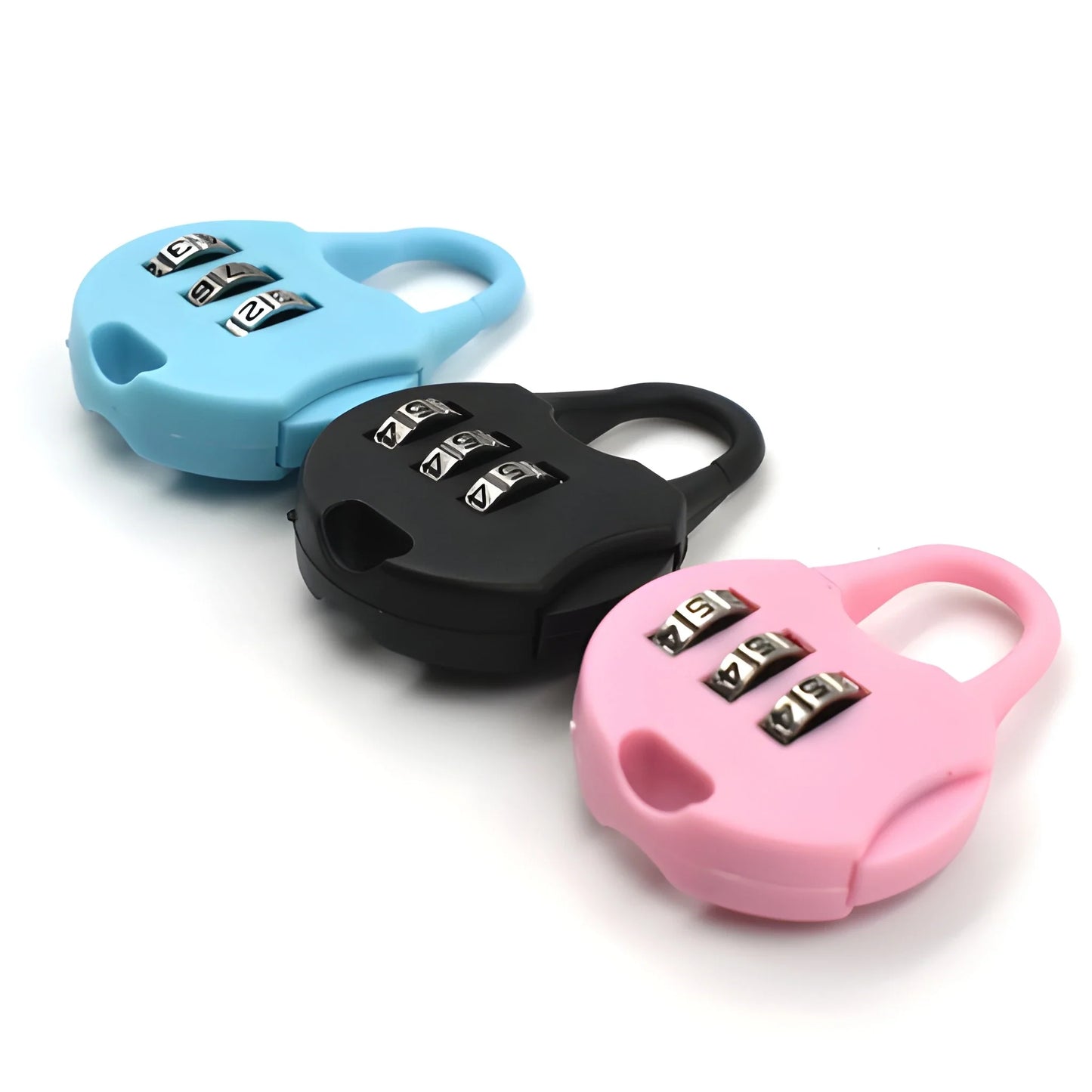 3-digit zipper security locks in light blue, black, and pink, with number dials