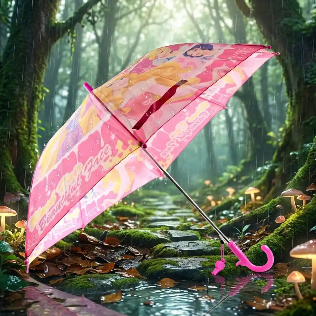Compact 3-fold umbrella in open position, pink-and-yellow graphic print with pink curved handle.