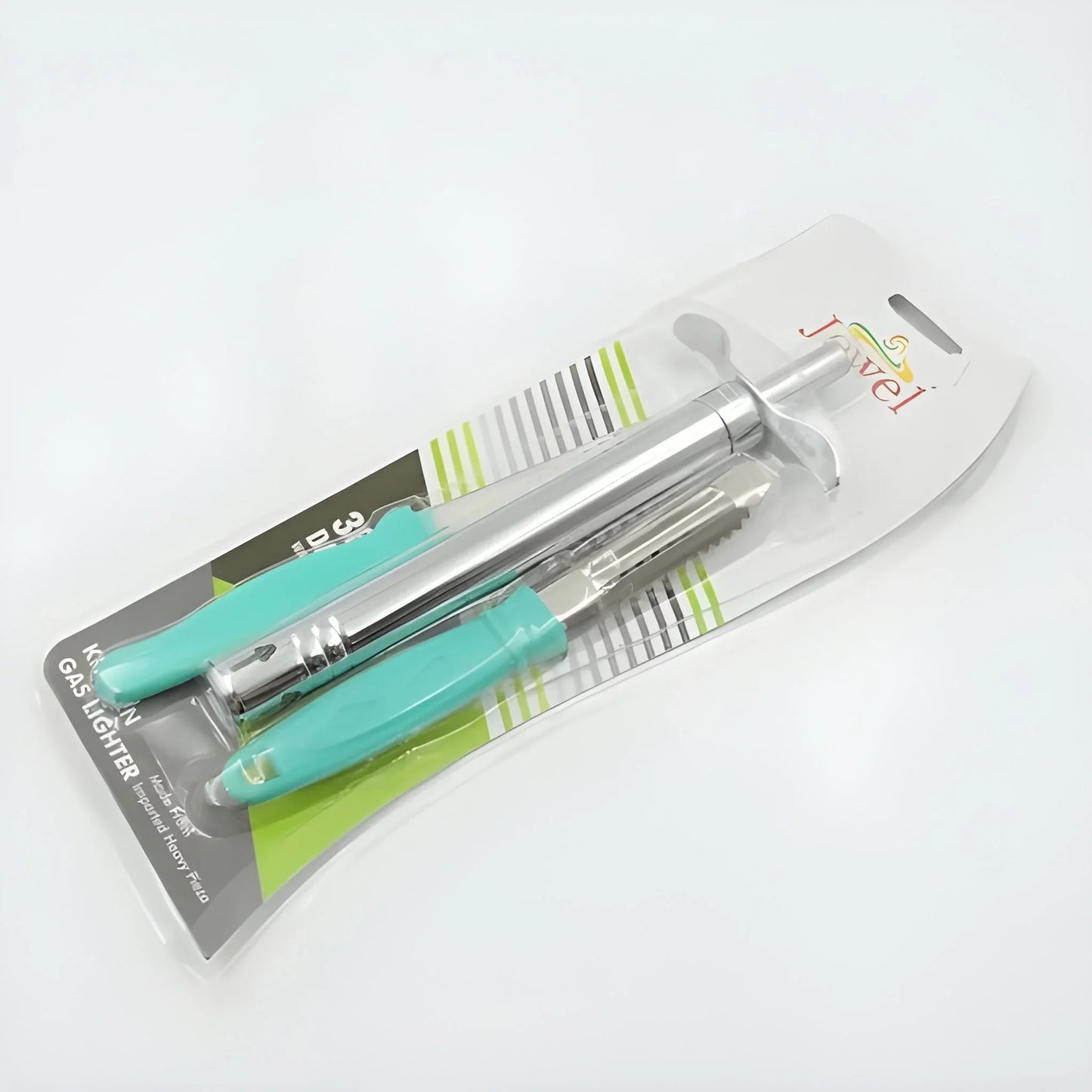 3-in-1 kitchen lighter set with teal grip and metal body, in retail package