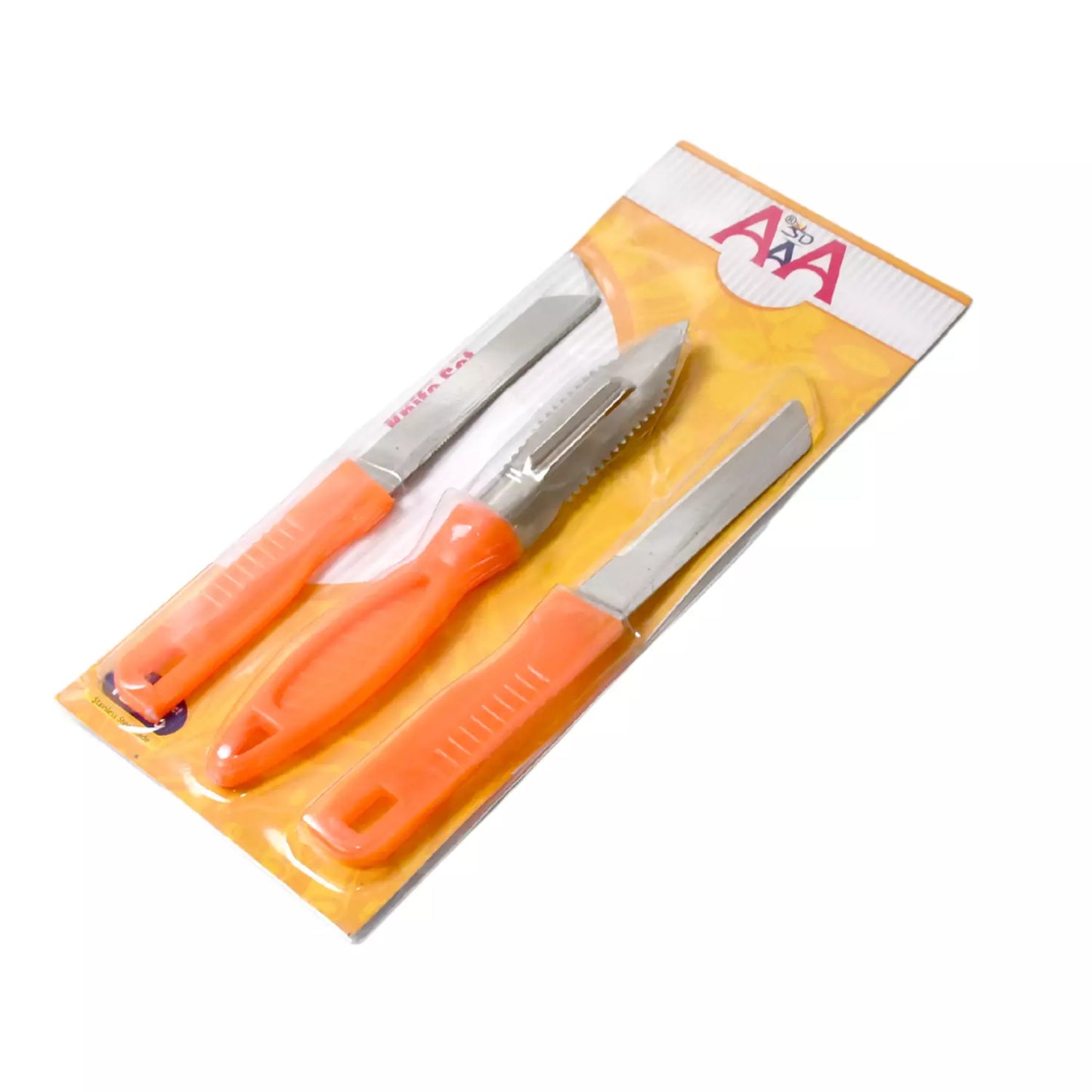 Stainless steel kitchen knife set with three orange-handled knives, sealed in packaging