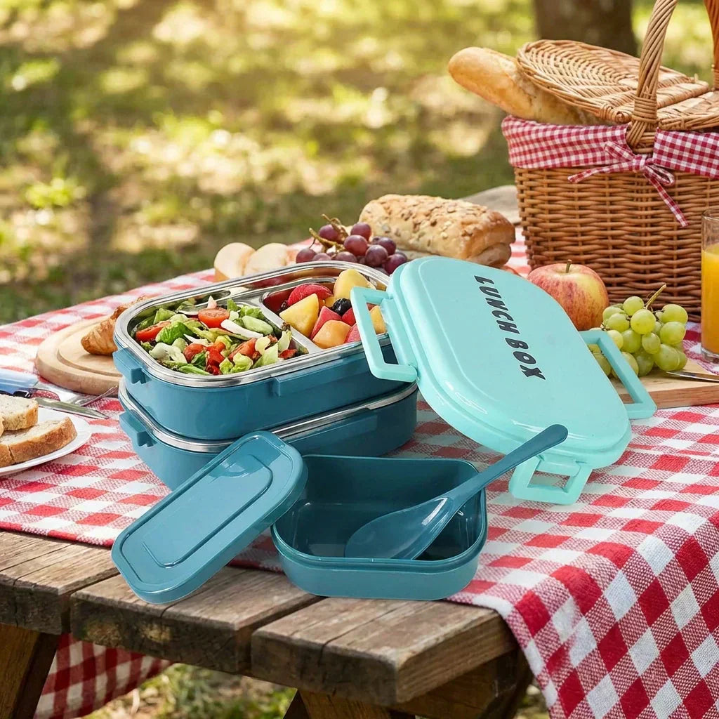 Teal 3-in-1 steel tiffin box with open lid and divided compartments for meals